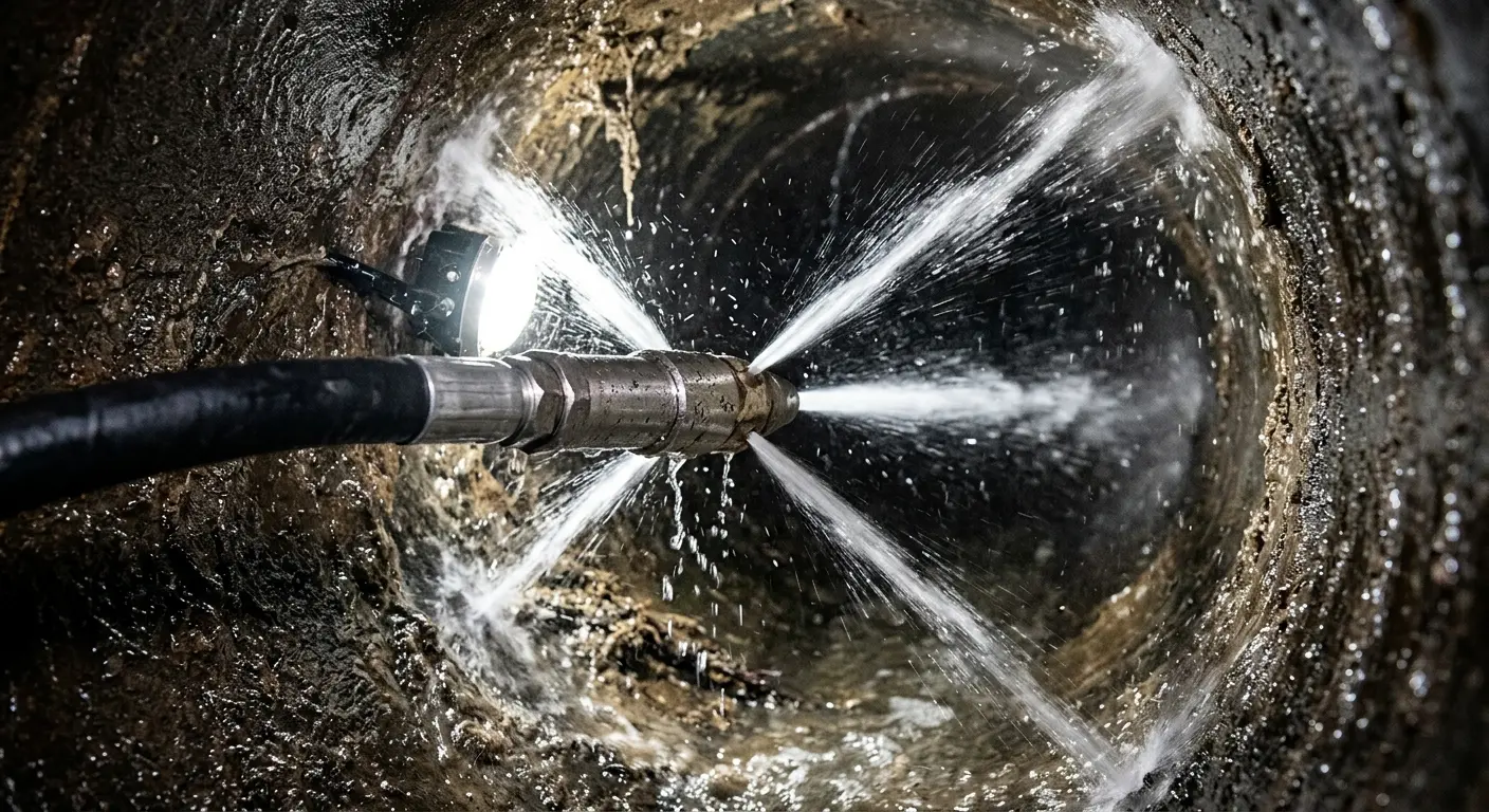 High-pressure hydro jetting nozzle cleaning sewer pipe for Sewer Cleanout in West Carrollton