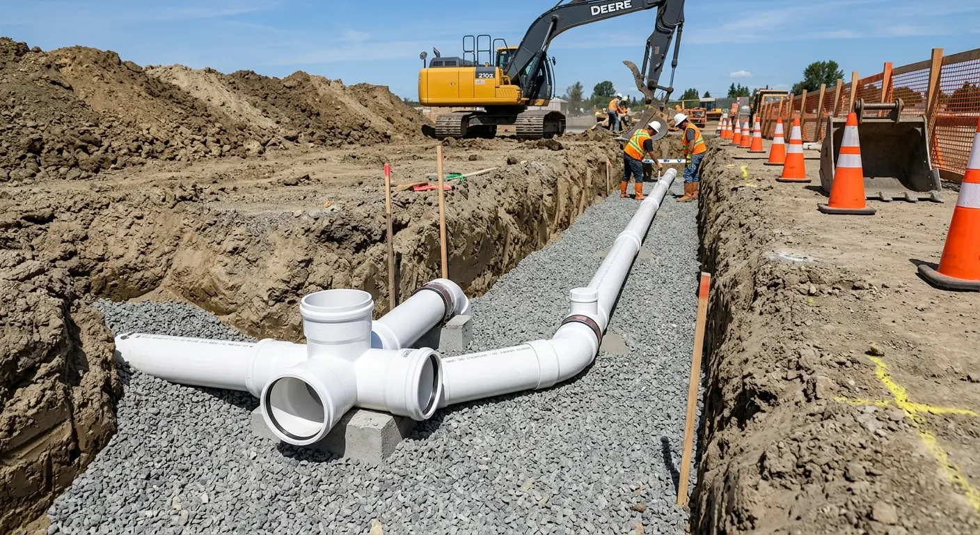 New PVC sewer pipe installation in open trench for Commercial Drain Cleaning in West Carrollton