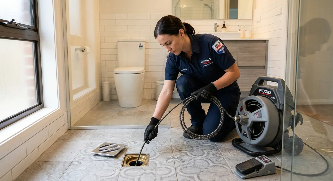 Technician clearing a bathroom floor drain for Drain Cleaning in West Carrollton